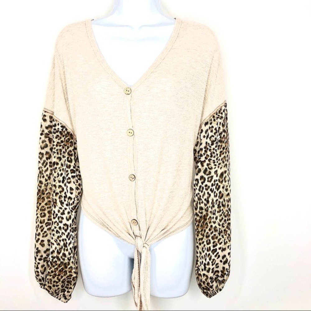 Botanique Henley Tie-Front Animal Print Sleeve Top